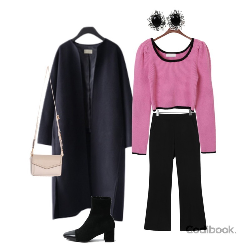 openthedoor cubic sun earring (2 color),AFTERMONDAY non-collar cashmere coat (2colors),Zemma World 사이드지퍼 부츠컷 크롭슬랙스 (속기모)등을 매치한 코디