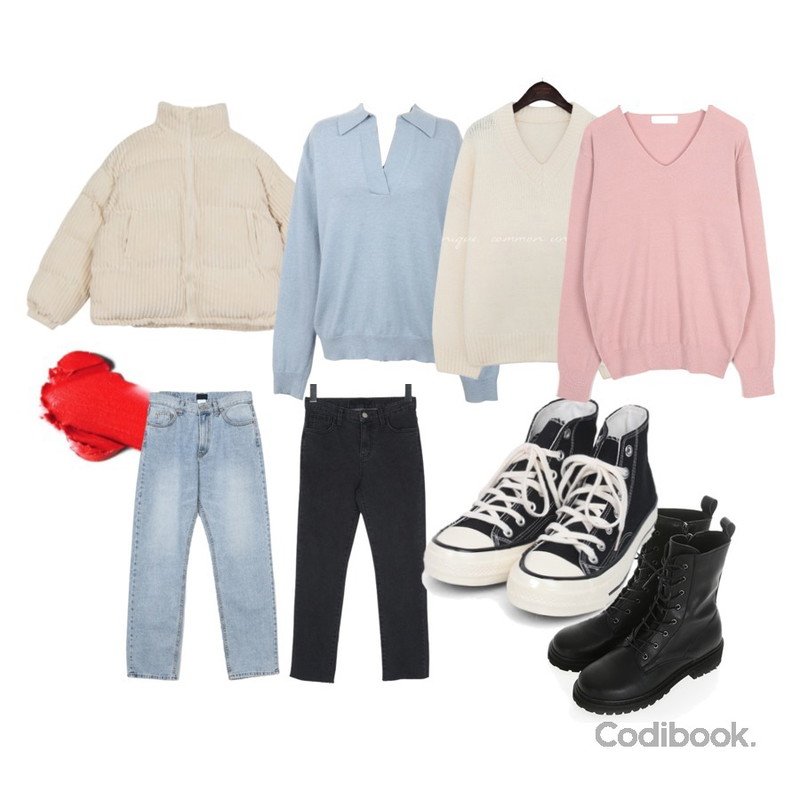 AIN colouring high canvas sneakers (225-250),AIN a gili v-neck knit,peachpicnic 리바이스 데님 팬츠등을 매치한 코디