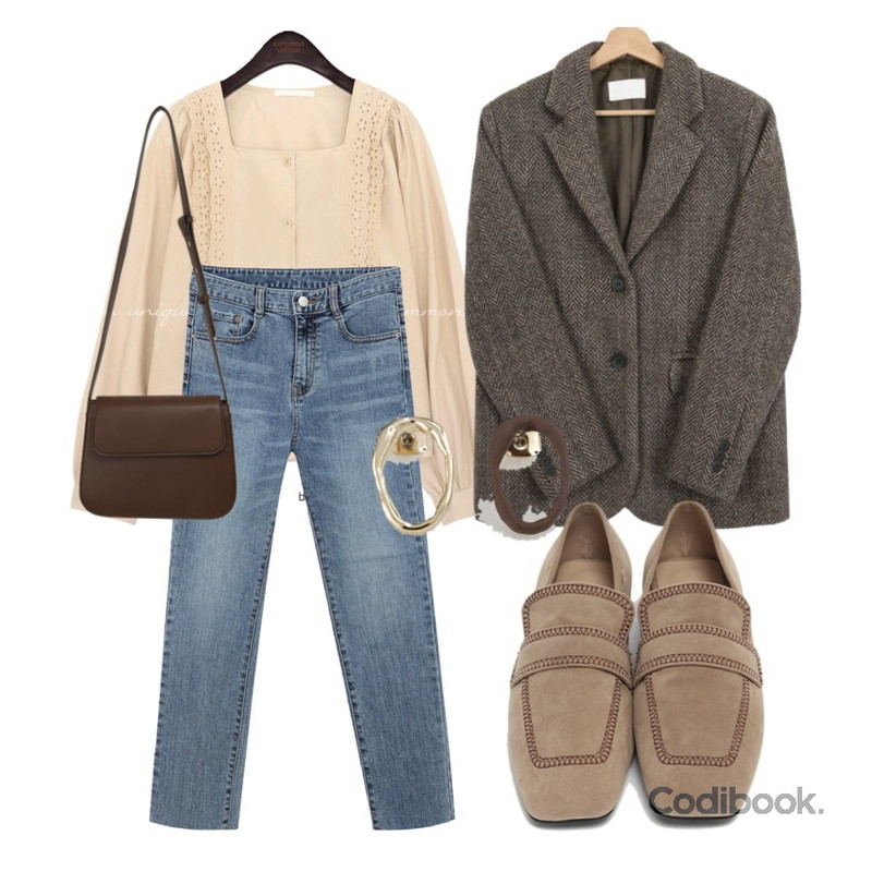 MIXXMIX 올데이 데님 팬츠,From Beginning Marco stitch flat loafer_J (size : 225,230,235,240,245,250),BANHARU 빈티지 웨이브 귀걸이등을 매치한 코디