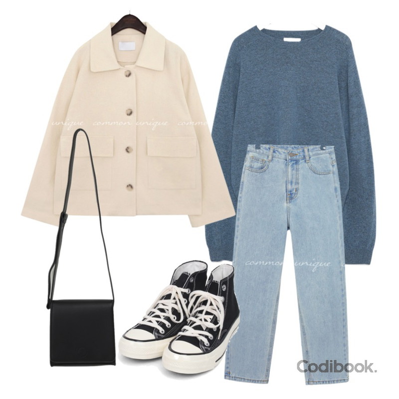 AIN colouring high canvas sneakers (225-250),From Beginning Bold strap square bag_U (size : one),common unique EUNO POCKET COTTON JACKET등을 매치한 코디