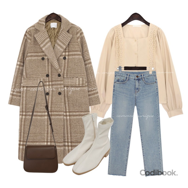 common unique PUG NAPPING STRAIGHT DENIM PANTS,From Beginning Blonde flat ankle boots_C (size : 230,235,240,245,250),common unique ODIN CHECK DOUBLE LONG COAT등을 매치한 코디