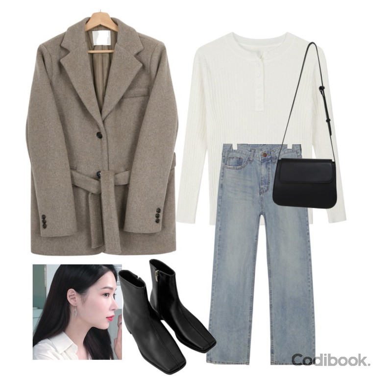 common unique BRIGHT STRAIGHT DENIM PANTS,biznshoe Square center line boots (4color),MIXXMIX 슬림 골지 버튼 니트등을 매치한 코디