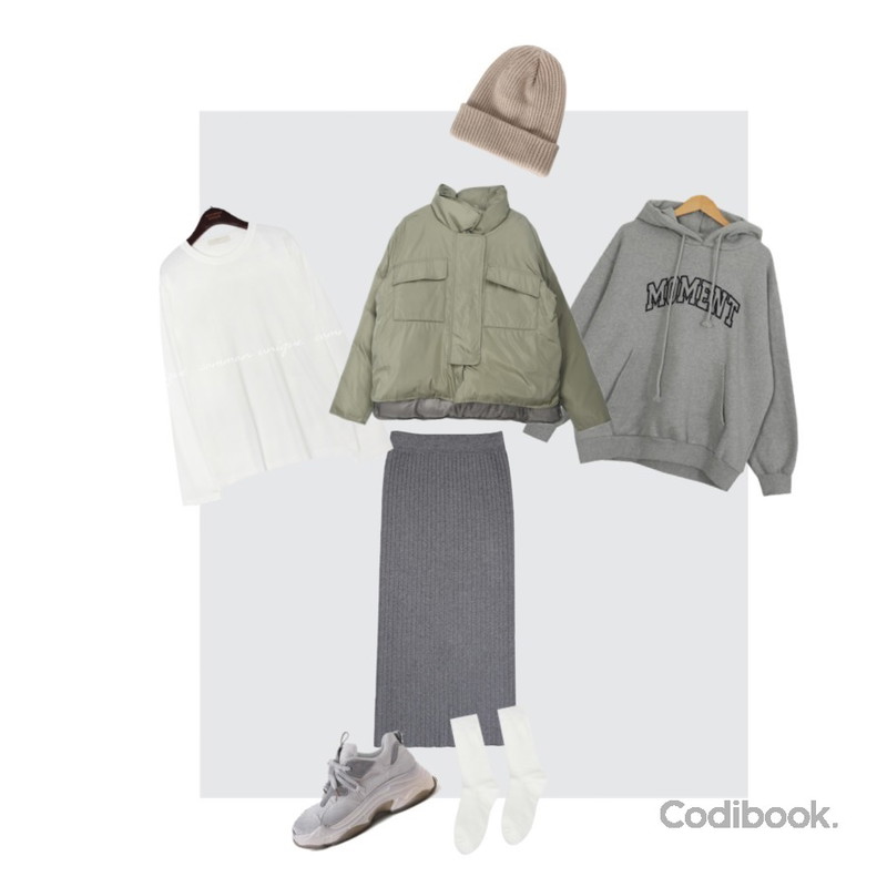 biznshoe Roll-up beanie (3color),MIXXMIX 하겐드 포켓 패딩,Zemma World 도브 골지트임 니트스커트등을 매치한 코디