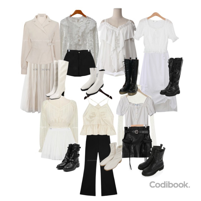 AIN have long walker boots (s, m, l),MOMORIT 플라워 레이어드 레이스 블라우스,BULLANG GIRL 러블리플리츠SK등을 매치한 코디
