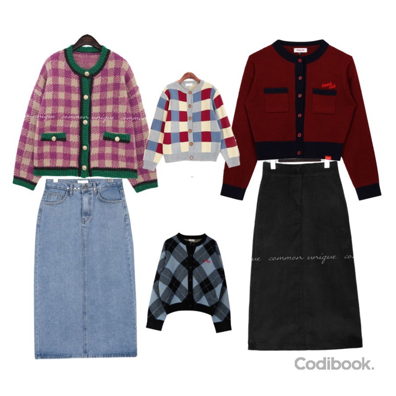 ROCOSIX 바둑 컬러 가디건,MIXXMIX Heart Line Knit Cardigan,common unique CORDUROY SLIT BANDING LONG SKIRT등을 매치한 코디