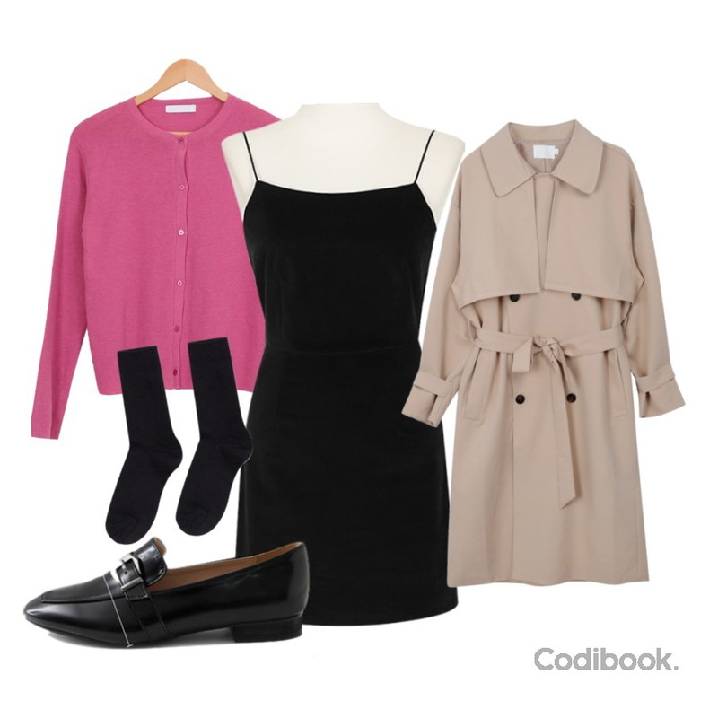 LOVELY SHOES 루븐스 로퍼 2cm,AWAB 리지라운드가디건,MIXXMIX 베이직 루즈 트렌치 코트등을 매치한 코디