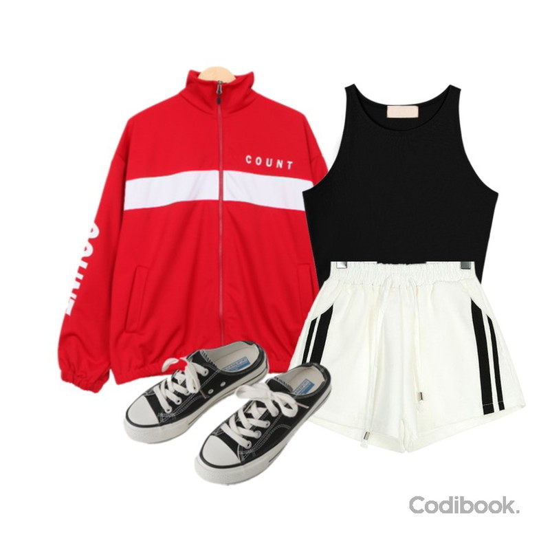 biznshoe Crop sleeveless (3color),ROCOSIX 트렌디 트랙 쇼츠,BULLANG GIRL 카운트배색집업등을 매치한 코디