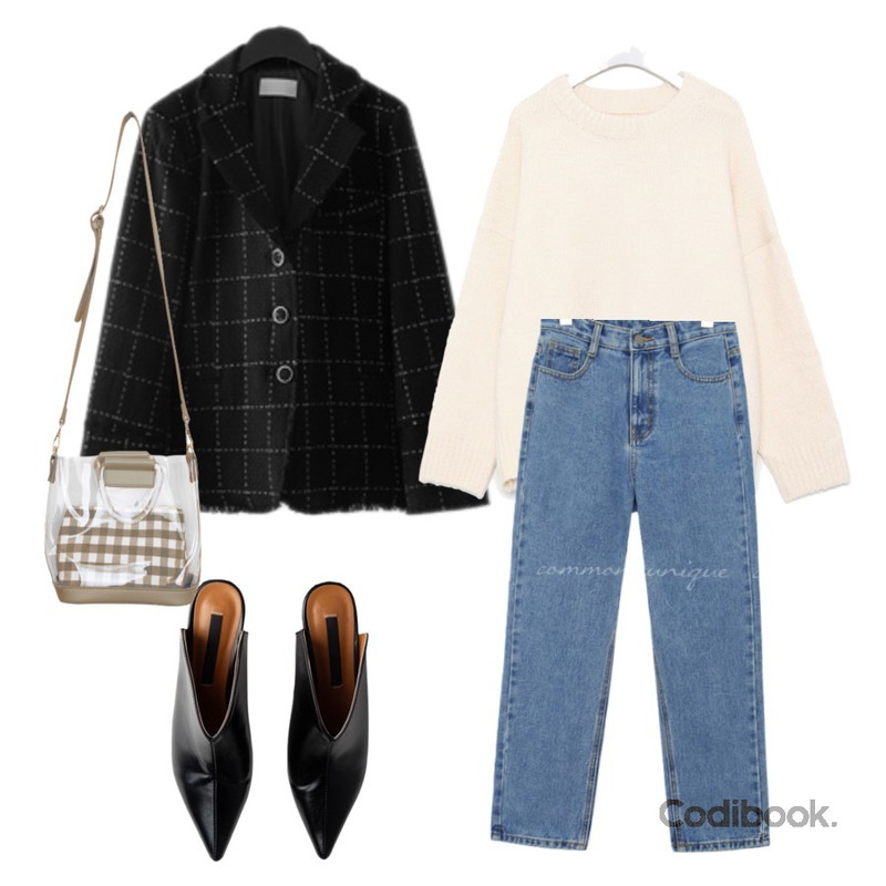 BULLANG GIRL 투명토트미니백,MIXXMIX 부티뮬,AIN a wearable wool round knit등을 매치한 코디