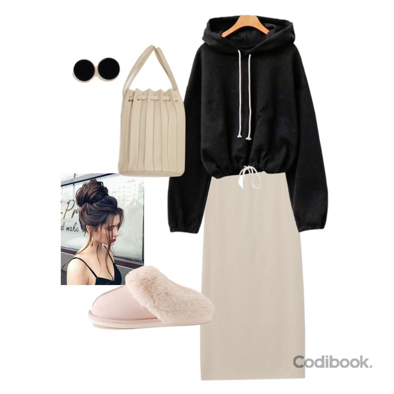 LOVELY SHOES 핫템 퍼 슬리퍼 2cm,common unique COSTE 2 WAY PLEATS LEATHER BAG,From Beginning Take knit long skirt_C (size : free)등을 매치한 코디