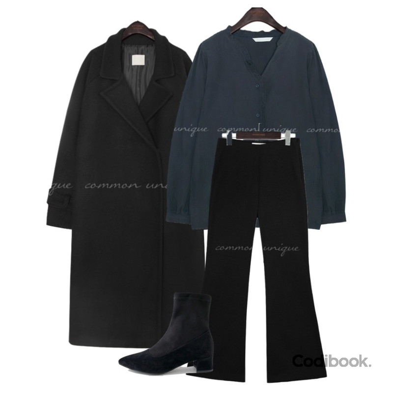 LOVELY SHOES 다츠 삭스 앵클부츠 4,7cm,common unique WOOL 50% HIDDEN OVER FIT COAT,common unique LORES NAPPING BOOTS LONG SLACKS등을 매치한 코디