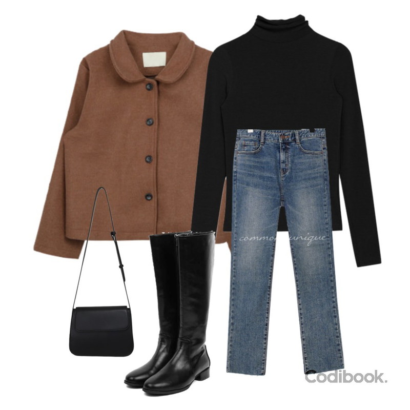 MIXXMIX 심플 모직 숏 자켓,AIN round shape long boots (230-250),From Beginning Curve simple cross bag_J (size : one)등을 매치한 코디