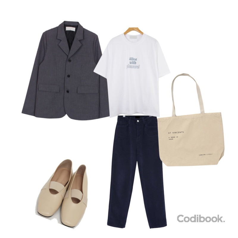 biznshoe Back button jacket (2color),From Beginning Vincent cotton eco bag_A (size : one),From Beginning Rest corduroy long pants_U (size : S,M,L)등을 매치한 코디