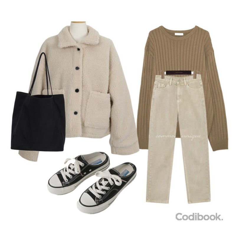 From Beginning Ample solid eco bag_B (size : one),AFTERMONDAY simple mule sneakers (2colors),AWAB 푸푸뽀글자켓등을 매치한 코디