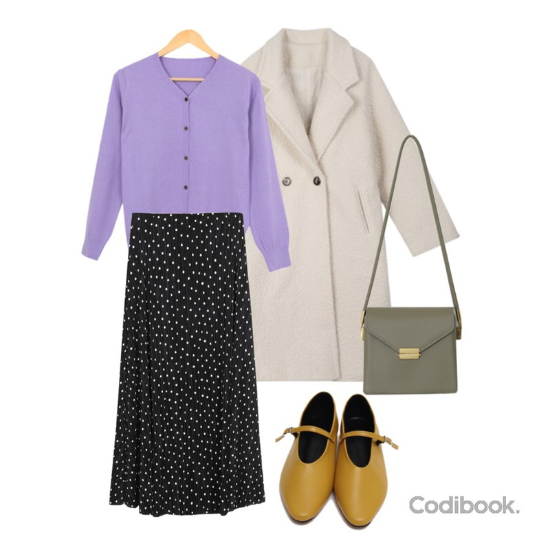 AWAB 도트주름롱스커트,AWAB 모리브이가디건니트,From Beginning Stiletto mary-jane shoes_J (size : 230,235,240,245,250)등을 매치한 코디