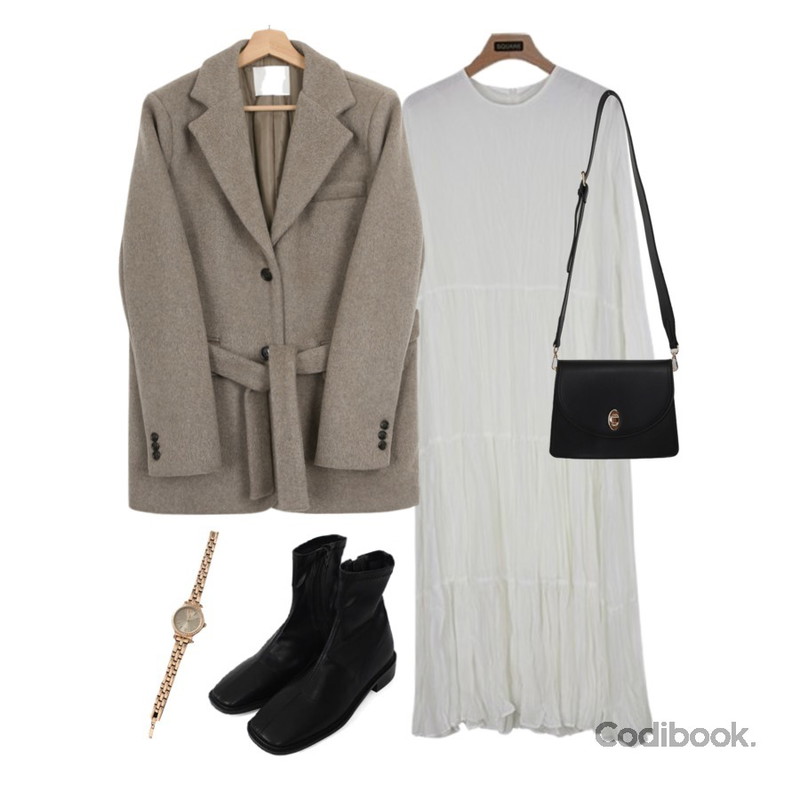 ENVYLOOK 큐빅메탈와치,biznshoe Square line boots (4colors),Zemma World 모카모헤어 벨트반코트 (울50%)등을 매치한 코디