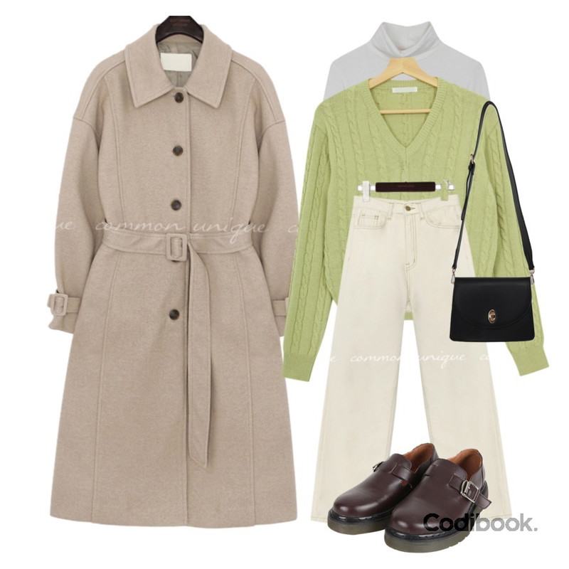 BULLANG GIRL 동글이코로퍼,Zemma World 오렌지마켓 케이블니트 (울60%),common unique MOROS WIDE COTTON PANTS등을 매치한 코디