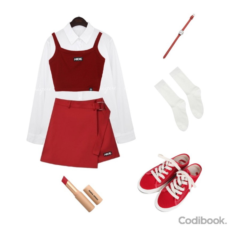 MIXXMIX Solid Ring Wrap Skirt Pants,From Beginning 플럼핑 매트 립스틱_클레어레드,ROCOSIX 포히션 데일리 시계등을 매치한 코디