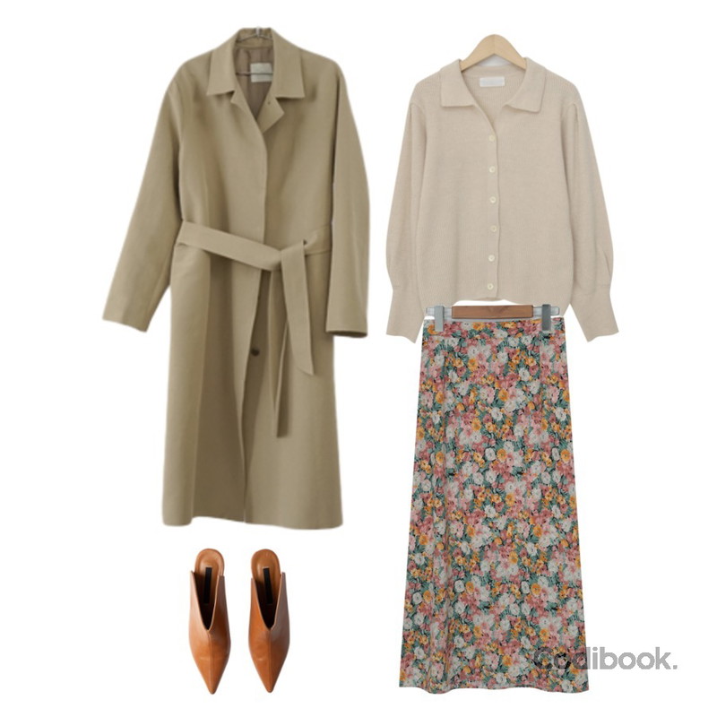 MIXXMIX 부티뮬,AFTERMONDAY standard classy trench coat (2colors),From Beginning Spring flower long skirt_C (size : free)등을 매치한 코디