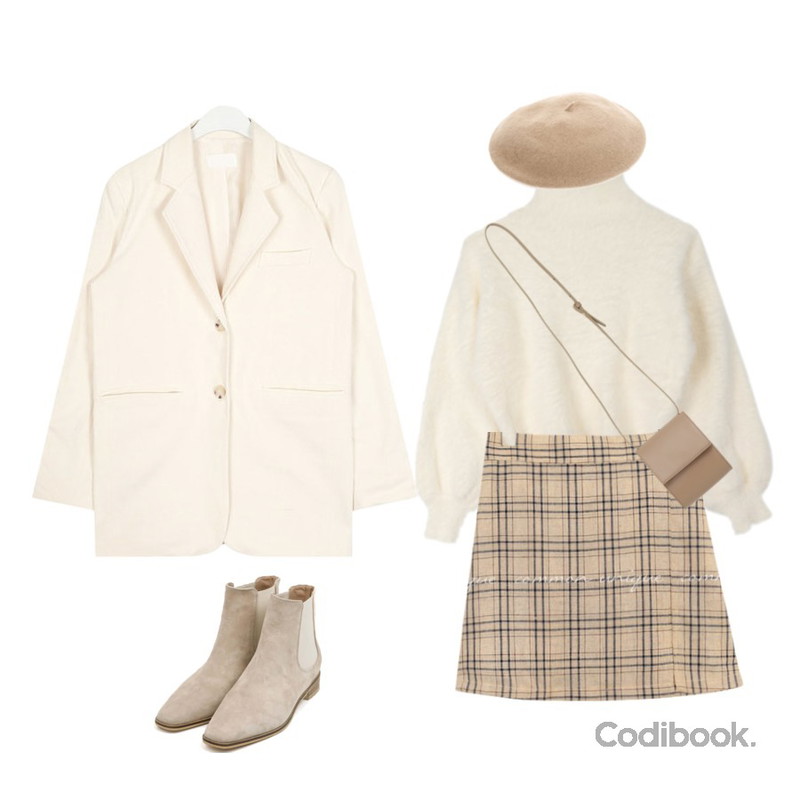 ROCOSIX 멜로 울 베레,AIN bio natural jacket,common unique RUCHY CHECK SLIT PANTS SKIRT등을 매치한 코디
