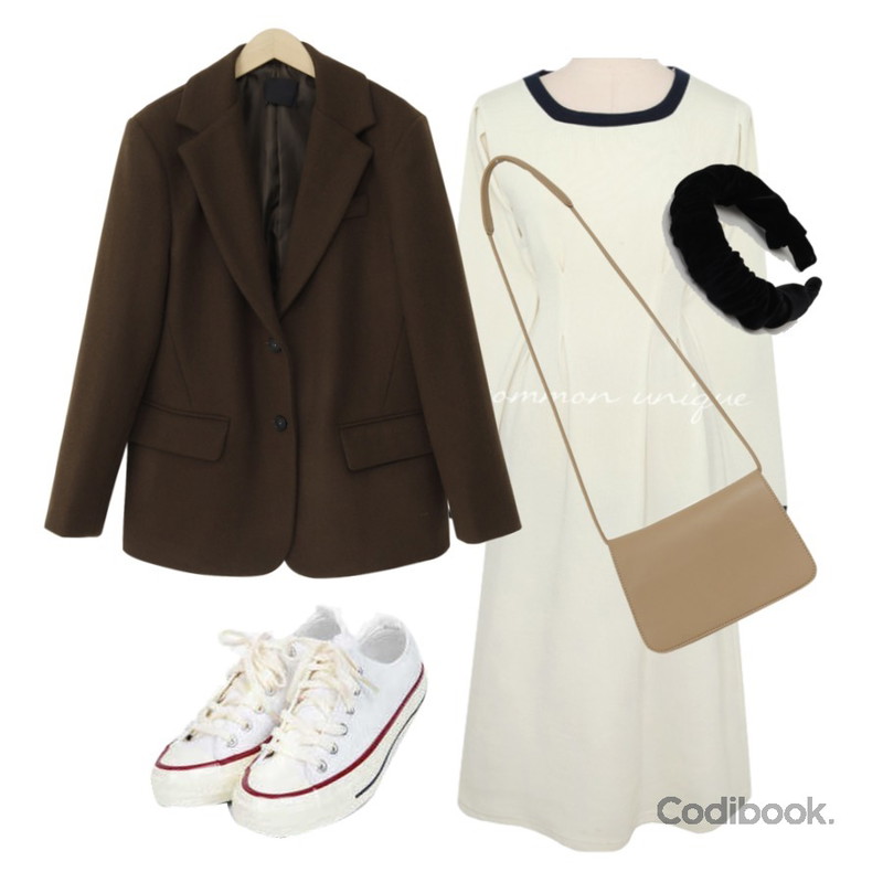AIN taylor canvas sneakers (225-250),From Beginning Anted wool button jacket_A (울 60%) (size : free),From Beginning Velvet shirring hair band_C (size : one)등을 매치한 코디
