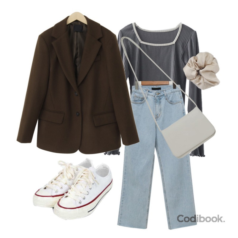 AIN taylor canvas sneakers (225-250),From Beginning Cutting denim straight jean_C (size : XS,S,M,L),From Beginning Anted wool button jacket_A (울 60%) (size : free)등을 매치한 코디