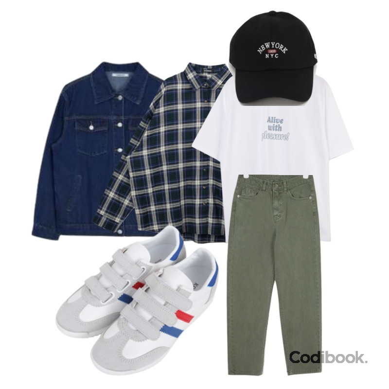 MIXXMIX 베이직 데님 자켓#마지막재고할인,BULLANG GIRL 토이스찍찍스니커즈,MIXXMIX 베르니 체크 셔츠등을 매치한 코디