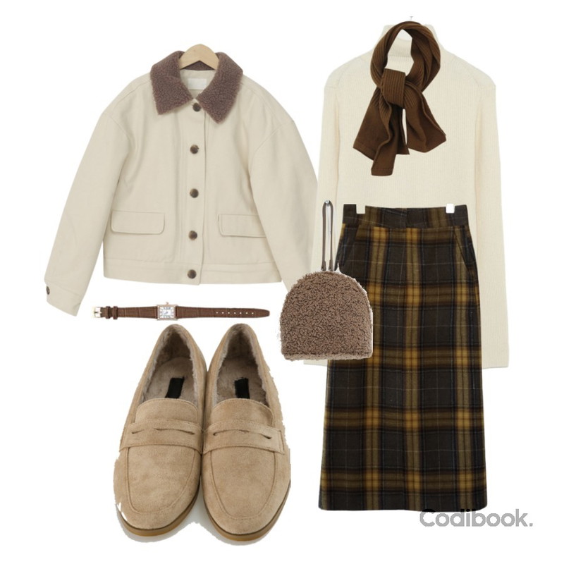 ROCOSIX 온더 클래식 시계,AWAB 뽀글이파우치미니백,AFTERMONDAY vintage check pattern skirt (2colors)등을 매치한 코디