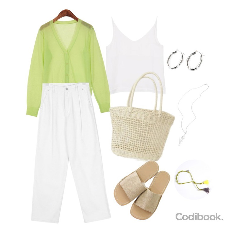 Zemma World 수술컬러-팔찌,biznshoe V-neck sleeveless (2color),AFTERMONDAY dry woven bag등을 매치한 코디