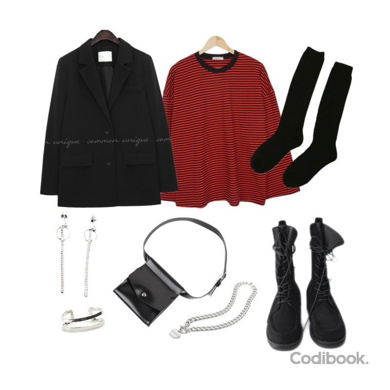 ROCOSIX 넛 실버 링 (4set),AIN pot square belt bag,Zemma World 베이직 니삭스등을 매치한 코디