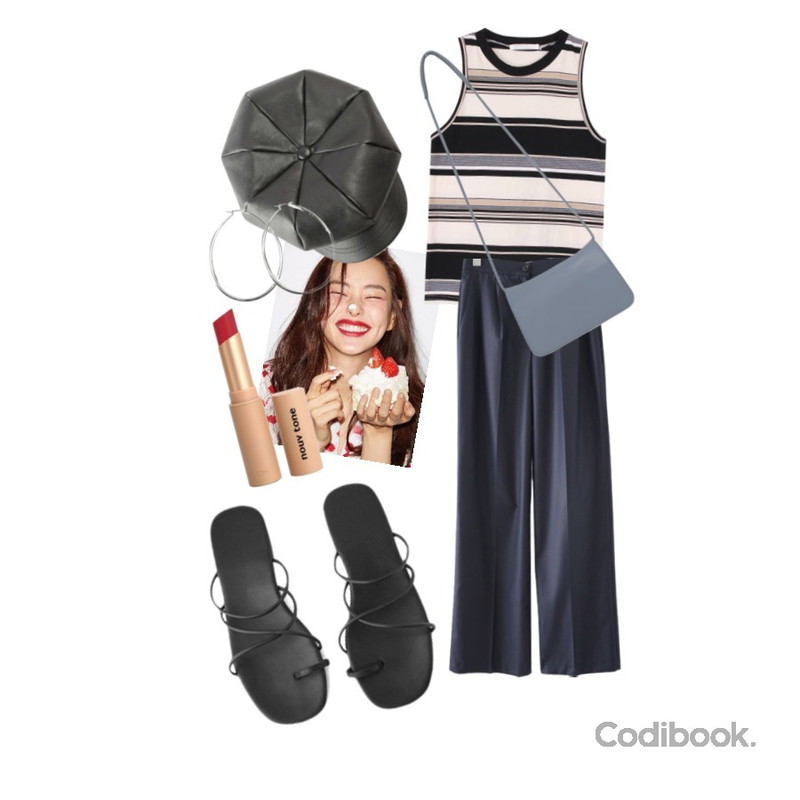 biznshoe Stripe mix sleeveless,ROCOSIX royal ring earring,ROCOSIX hard leather hunting cap등을 매치한 코디