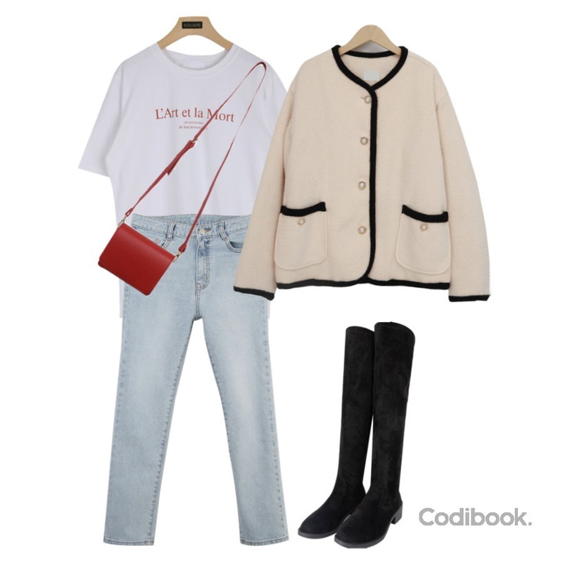 BITDA 나나 bag (3color),MIXXMIX 벨라 스판 롱 부츠,From Beginning Prem round button jacket_P (size : free)등을 매치한 코디