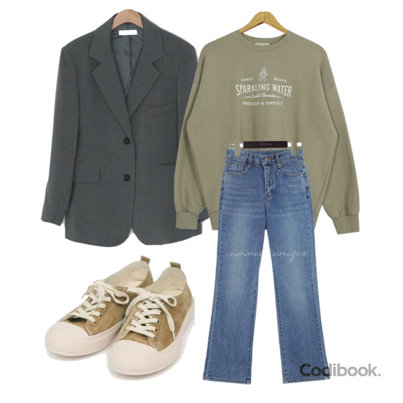 AIN all day suede sneakers (230-250),common unique PONELL STRAIGHT DENIM PANTS,BANHARU 데일리 투버튼 오버핏자켓등을 매치한 코디