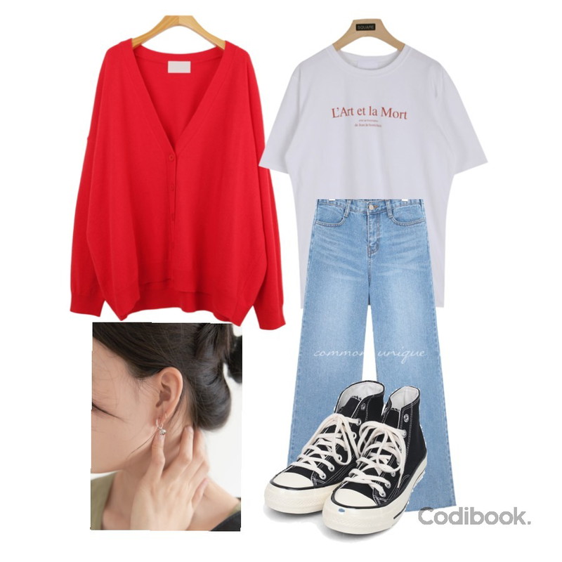 peachpicnic earring 178,AIN colouring high canvas sneakers (225-250),WHOSGIRL 낙낙해서 더 예쁜 기본 가디건 (4 colors)등을 매치한 코디