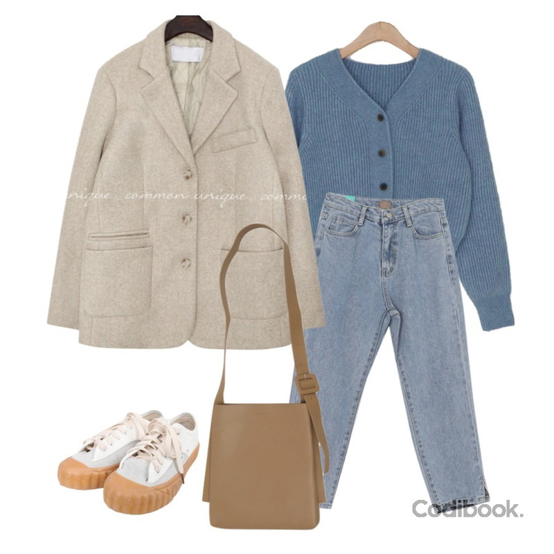 BULLANG GIRL 스트캐쥬스니커즈,common unique ROMAIN BOKASHI WOOL SINGLE JACKET,BANHARU 세미크롭 브이넥 니트가디건등을 매치한 코디