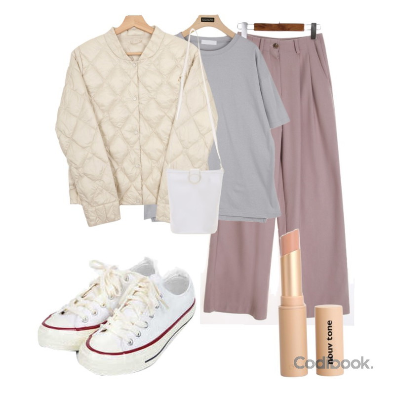 From Beginning 플럼핑 매트 립스틱_제너럴베이지,AIN taylor canvas sneakers (225-250),Zemma World 덕다운100% 다이아 경량패딩자켓등을 매치한 코디