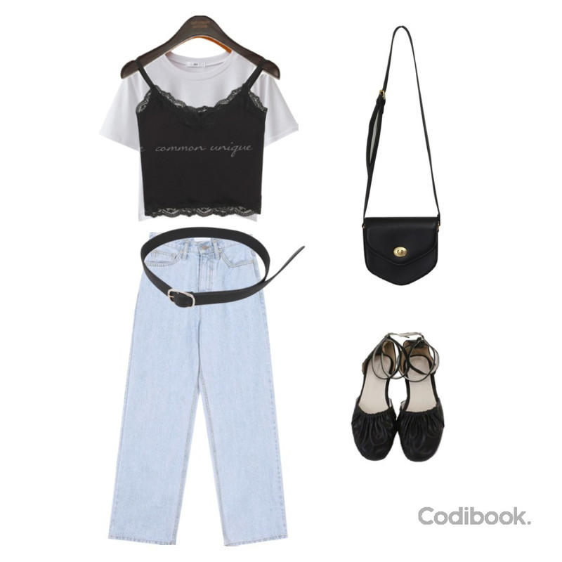 AIN walk wide denim pants (s, m),BULLANG GIRL 선샤인벨트,BITDA 플루메리아 shoes (3color)등을 매치한 코디