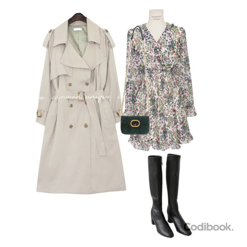 ROCOSIX 로즈 숄더 백,common unique REDO FLORAL SMOKE BANDING MINI OPS,AFTERMONDAY knee-high simple line boots (3colors)등을 매치한 코디