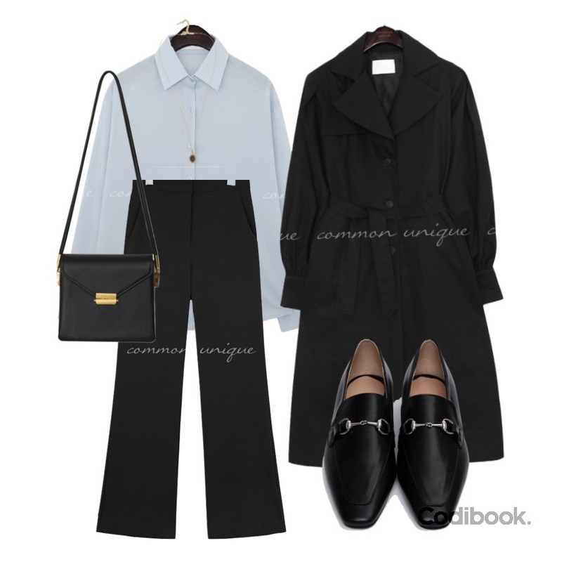 From Beginning Once string cross bag_A (size : one),From Beginning Every bright necklace_J (size : one),common unique REVLIN BALLOON TRENCH COAT등을 매치한 코디