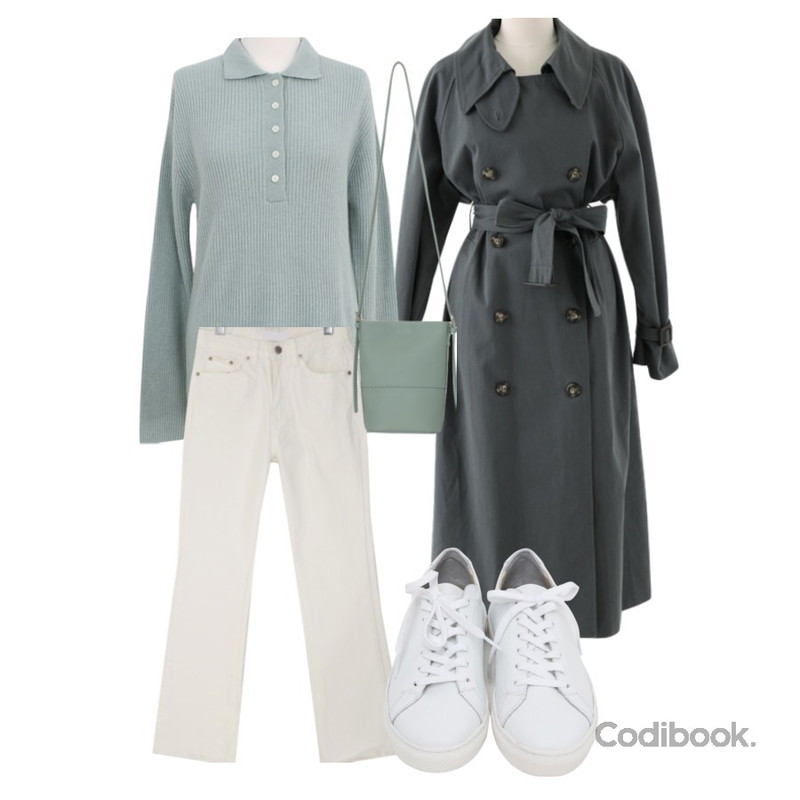 From Beginning Win real cowskin sneakers_H (size : 225,230,235,240,245,250),WONLOG 카라 골지 니트,From Beginning Stitch line cross bag_C (size : one)등을 매치한 코디