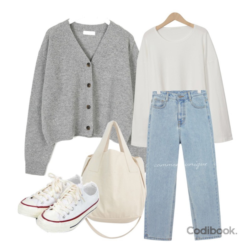 AIN taylor canvas sneakers (225-250),From Beginning Powder cotton round T_C (size : free),AIN footy v-neck wool cardigan등을 매치한 코디