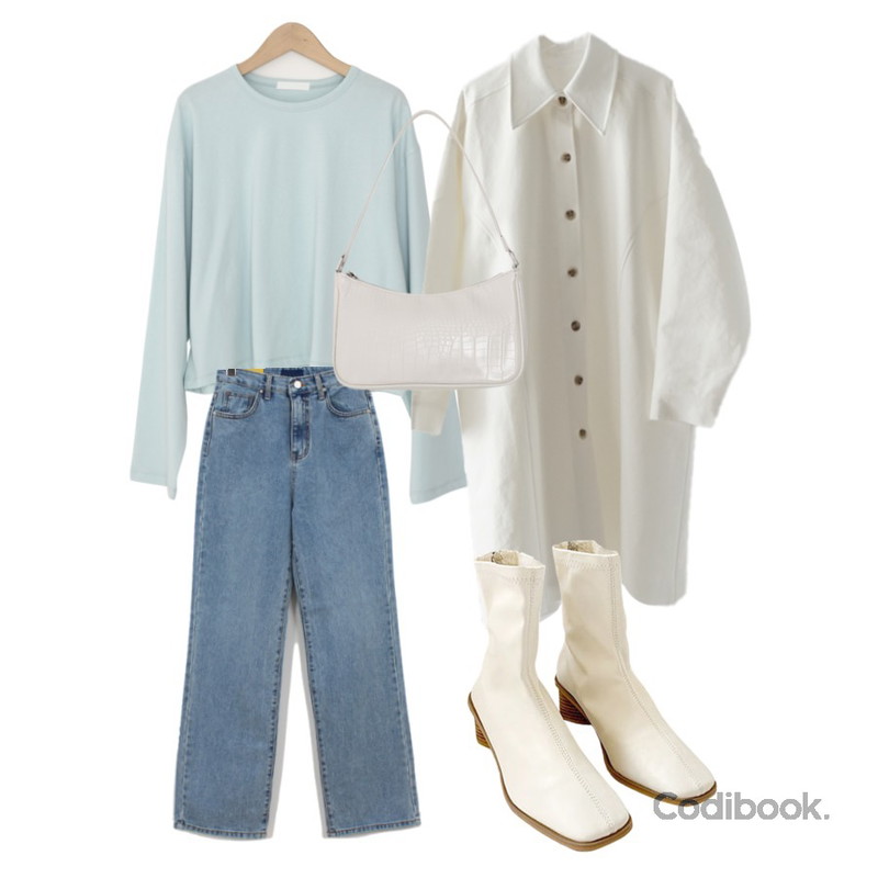 biznshoe Square wood ankle ankle boots (2colors),AFTERMONDAY clear standard half coat (2colors),WONLOG 하이드 일자 데님등을 매치한 코디