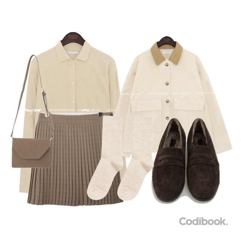 BANHARU 스웨이드 퍼 로퍼,MIXXMIX 베이직 골지 롱삭스,common unique PERIV GOLGI COLLAR KNIT CARDIGAN등을 매치한 코디