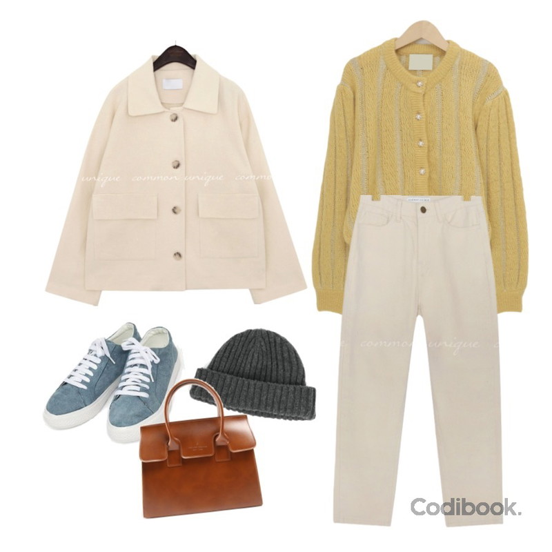 ROCOSIX 덴키 토트 백,AIN joy color sneakers (225-250),AIN ball casual wool beanie등을 매치한 코디