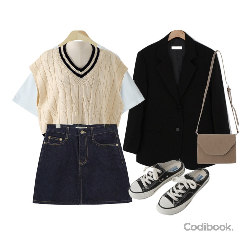 common unique HIGH A LINE DENIM MINI SKIRT,AFTERMONDAY simple mule sneakers (2colors),BANHARU 데일리 투버튼 오버핏자켓등을 매치한 코디