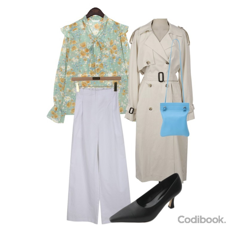 AFTERMONDAY chic stileto middle heels (3colors),UPTOWN HOLIC 블러썸 트렌치 coat (*3color),square101 러슬 와이드 밴딩 팬츠 (3color) J등을 매치한 코디