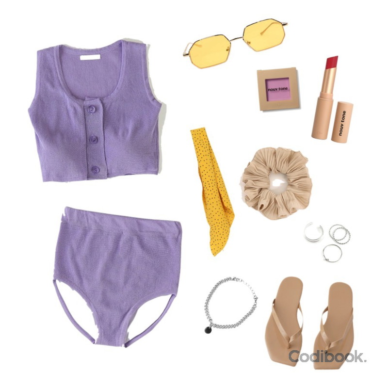 ROCOSIX 넛 실버 링 (4set),BANHARU vintage button tankini,BANHARU vintage button tankini등을 매치한 코디