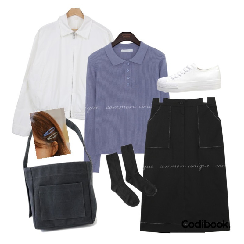 LOVELY SHOES 에먼드 레터링 에코백,biznshoe Standard cotton sneakers (2color),common unique BILLOW COLOR WAVE HAIR PIN등을 매치한 코디