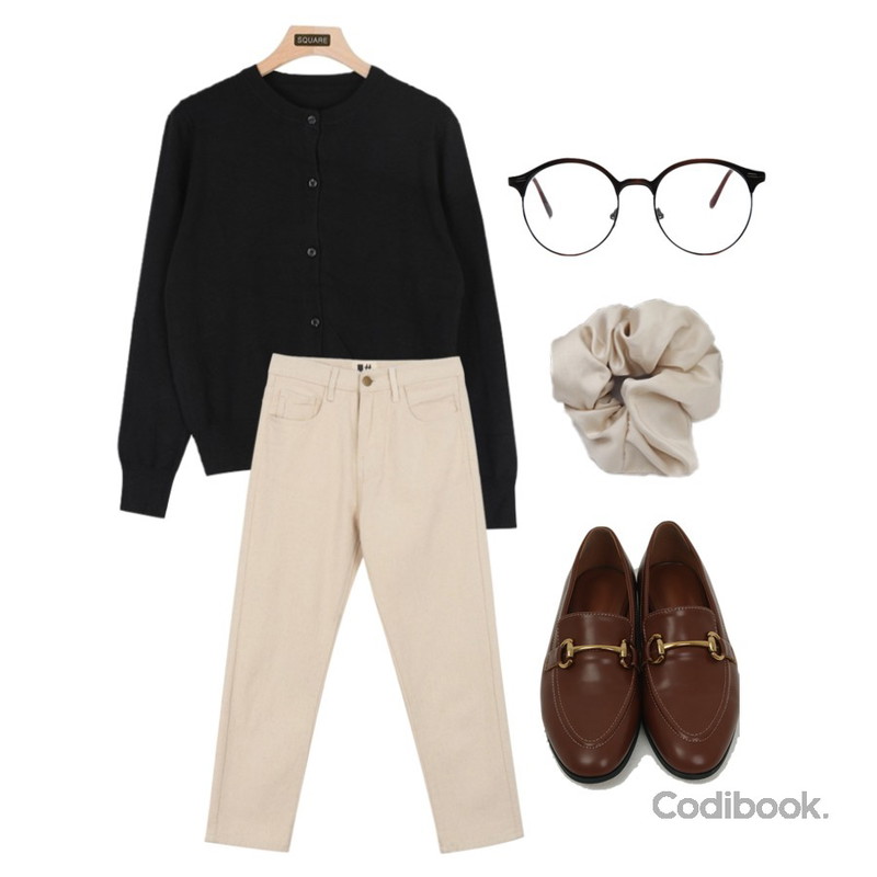 AIN top round glasses (3 colors),MIXXMIX 2107 크리미 터치 팬츠,square101 심플 캐시미어 가디건 (7color)등을 매치한 코디