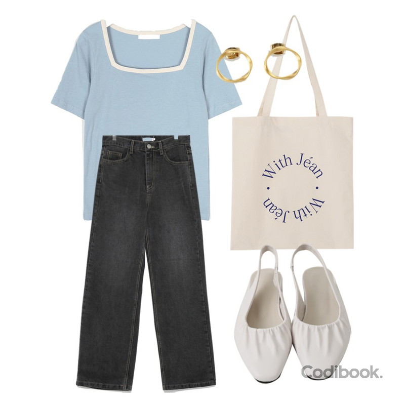 AIN daily cotton squarer T,BANHARU daily circle shape earring,moaol wide ash jeans등을 매치한 코디