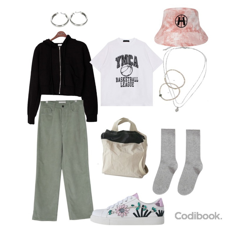 LOVELY SHOES 아이두 큐빅 스니커즈 2.5cm,biznshoe Bold circle earring (2color),biznshoe YMCA tee등을 매치한 코디